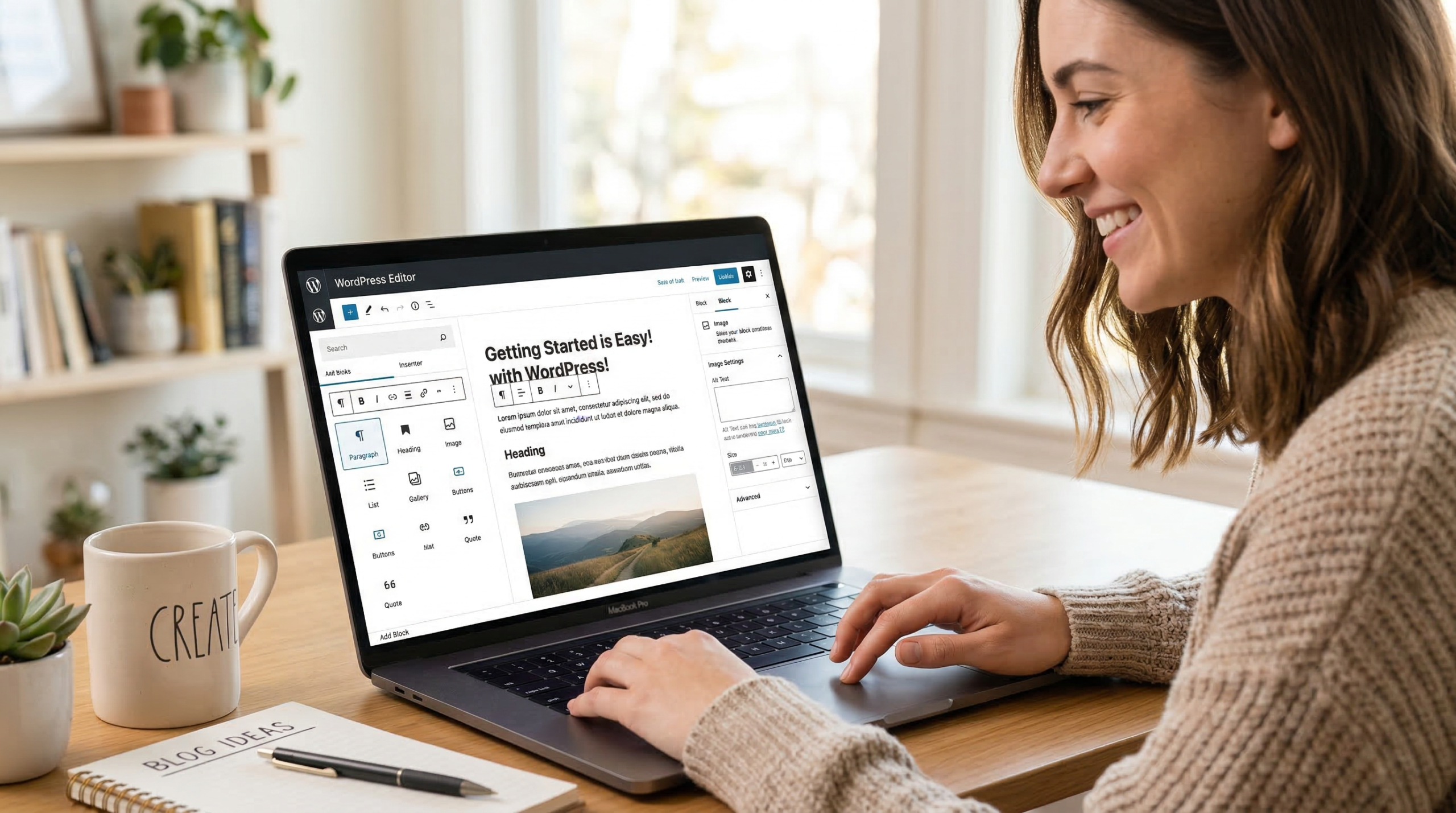 WordPress block editor showing content blocks and formatting toolbar